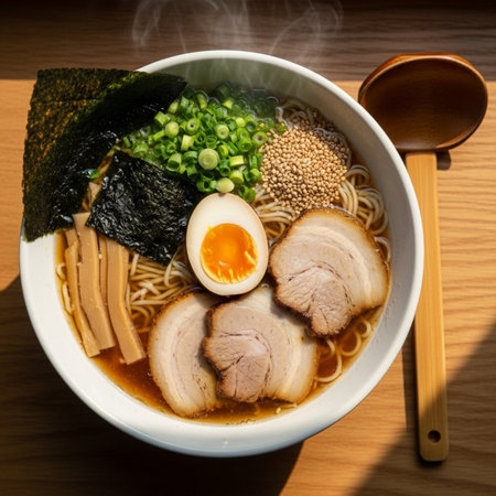 Delicious and savory Japanese ramen with sliced pork, boiled egg, green onions, and seaweed in a steaming hot bowlの素材