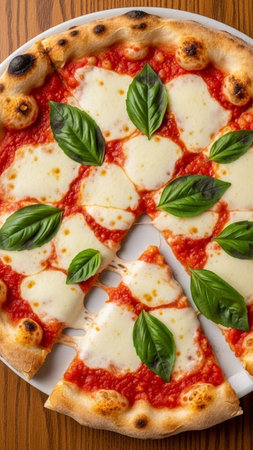 High-angle view of a freshly baked Margherita pizza, topped with melted mozzarella cheese, fresh basil leaves, and tomato sauce, served on a white plateの素材