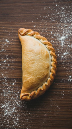 High-quality image of a delicious golden brown empanada on a rustic wooden table, sprinkled with flour powder, perfect for culinary and food-related projects.の素材