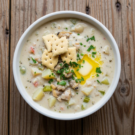 A warm and comforting bowl of creamy clam chowder topped with crackers and fresh herbs, served on a rustic wooden table.の素材