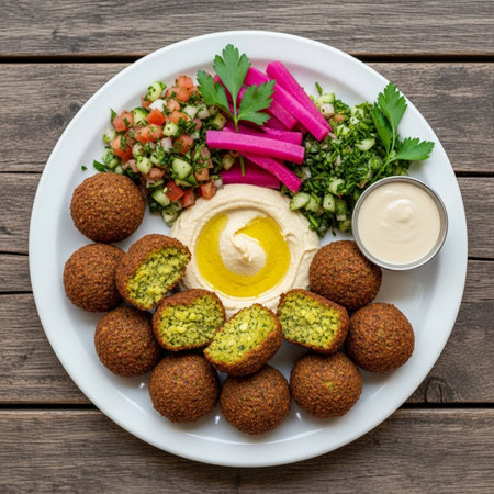 Appetizing falafel platter featuring crispy falafel, creamy hummus, fresh salad, and pickled turnips on a wooden table, perfect for food and restaurant conceptsの素材