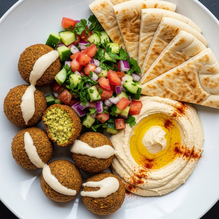 Appetizing Middle Eastern cuisine featuring crispy falafel, creamy hummus, fresh salad, and toasted pita bread, perfect for food blogs and restaurant promotions.の素材