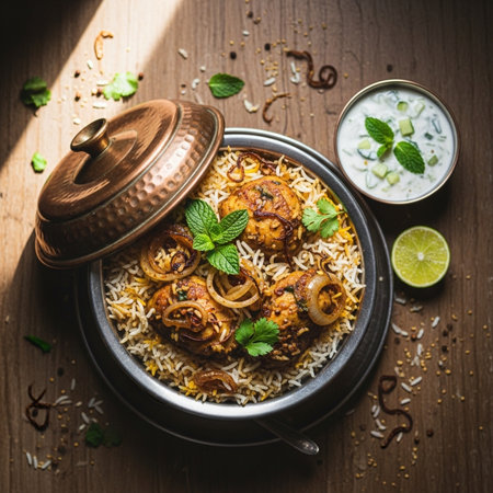 Appetizing chicken biryani served in a metal handi with raita and lime on a rustic wooden table, perfect for culinary and food-related projectsの素材