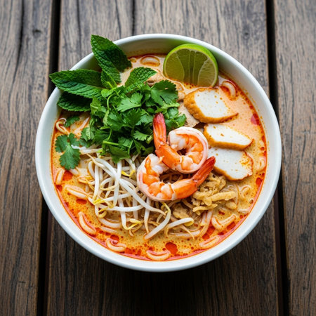 Appetizing bowl of Thai Laksa noodle soup with shrimp, herbs, and lime on a rustic wooden table, perfect for food and restaurant conceptsの素材