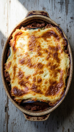 Freshly baked lasagna with golden brown cheese topping, perfect for Italian food concepts and culinary projectsの素材