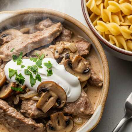 Savor the flavor of tender beef stroganoff with sautÃ©ed mushrooms, served with a side of pasta, perfect for culinary and food-related projects.の素材
