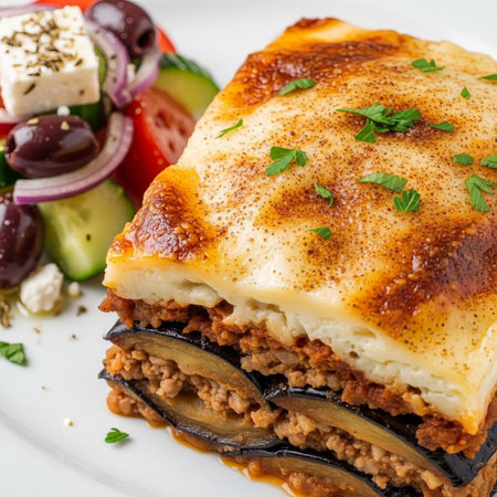 Tasty moussaka with layers of eggplant and minced meat, served with a fresh Greek salad on a white plate, ideal for food blogs and culinary websitesの素材