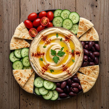 Appetizing hummus platter with fresh vegetables, pita bread, and olives served on a rustic wooden table, perfect for Mediterranean cuisineの素材