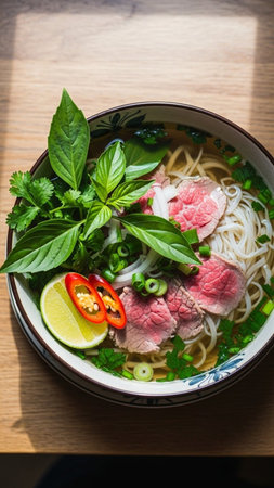 A steaming bowl of Vietnamese Pho with rare beef, fresh herbs, and chili slices served on a wooden table, perfect for culinary and food-related projects.の素材