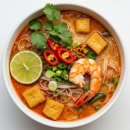 Appetizing top view of Thai Tom Yum noodle soup with shrimp, tofu, and spices in a white bowl, perfect for culinary and food conceptsの素材