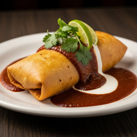 Appetizing enchiladas smothered in rich mole sauce, topped with fresh cilantro and lime, served on a white plateの素材