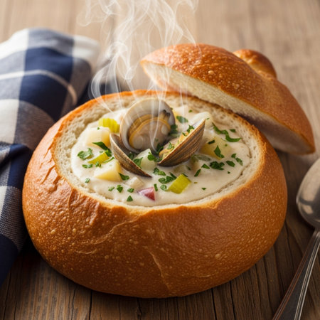 Delicious clam chowder served in a bread bowl, garnished with fresh herbs and steaming hot, perfect for food and restaurant conceptsの素材