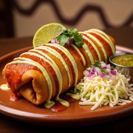 Appetizing Mexican burrito with salsa, avocado sauce, and cheese on a clay plate, perfect for food and restaurant marketing materialsの素材