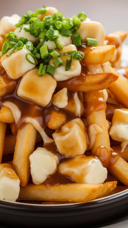 Close-up of a mouth-watering poutine dish with crispy fries, melted cheese curds, and savory gravy, garnished with fresh chives, perfect for food and restaurant concepts.の素材