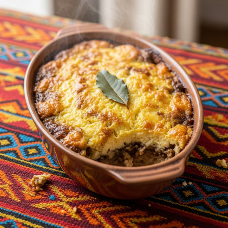 Delicious baked egg casserole with bay leaves served in a ceramic dish on a vibrant, patterned tablecloth, perfect for culinary and food-related projectsの素材