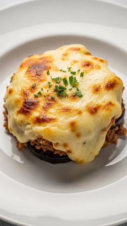 Gourmet moussaka with melted cheese, fresh parsley, and ground meat on a white plate, perfect for culinary and food concepts.の素材