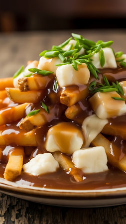 Appetizing poutine dish featuring crispy fries, melted cheese curds, and rich gravy, garnished with fresh chives on a wooden tableの素材