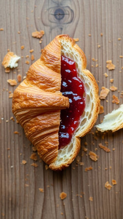 Delicious croissant filled with strawberry jam, perfect for breakfast or snack, captured from above on a rustic wooden surfaceの素材