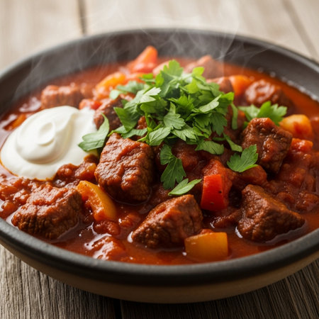 A hearty bowl of beef goulash topped with sour cream and fresh parsley, perfect for food and culinary projects.の素材