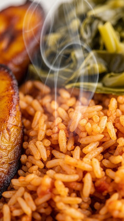 Close-up of steaming jollof rice with fried plantains and sautÃ©ed vegetables, a popular West African dish, perfect for food blogs and culinary websitesの素材