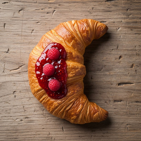 A golden-brown croissant topped with raspberry jam and fresh raspberries on a wooden surface, ideal for food and bakery conceptsの素材
