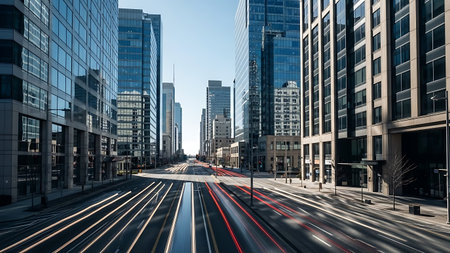 Urban downtown scene featuring a wide, empty street flanked by tall office buildings, ideal for business, travel, or cityscape projects.の素材