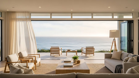Spacious luxury interior with floor-to-ceiling windows showcasing coastal scenery, ideal for real estate, travel, and lifestyle contentの素材
