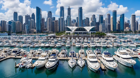 Aerial view of premium yachts moored in a bustling marina, showcasing urban development and waterfront lifestyle for business and travel contentの素材