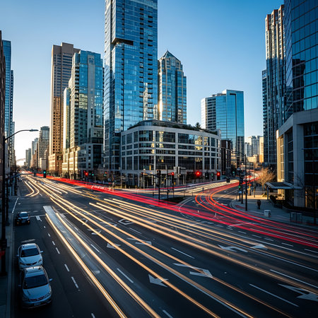 Dynamic urban scene capturing motion blur of vehicles at a downtown crossroads during evening, ideal for business, transportation, and city life concepts.の素材