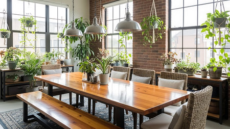 Bright, spacious dining area featuring a large wooden table, woven chairs, and indoor plants, ideal for home decor, lifestyle, or hospitality content.の素材