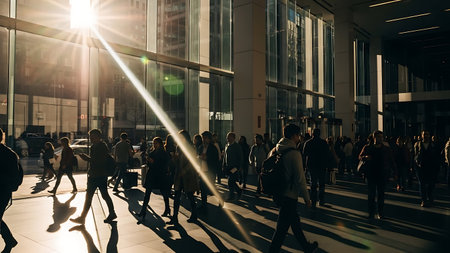 Diverse group of business professionals commuting in a bustling city center, ideal for corporate, urban lifestyle, and workplace-related projects.の素材