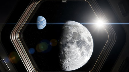 Stunning depiction of Earth and moon in cosmic alignment with sunlight, ideal for space science, astronomy, and futuristic design projects.の素材