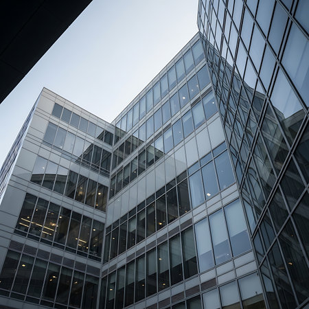 High-rise office buildings with reflective glass facades showcasing architectural design and corporate environment for business and urban projectsの素材