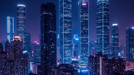 Vibrant cityscape of towering skyscrapers at night, symbolizing urban growth, business success, and architectural innovation for commercial useの素材