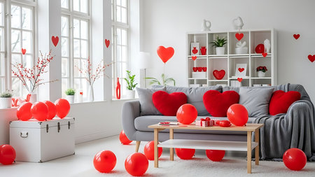 Bright and inviting home interior with romantic Valentine's decor, ideal for holiday promotions, love-themed content, and festive designsの素材