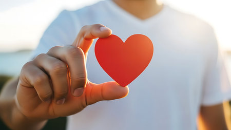 Close-up of a person holding a red paper heart, representing love, care, and emotional connection for marketing and design projectsの素材
