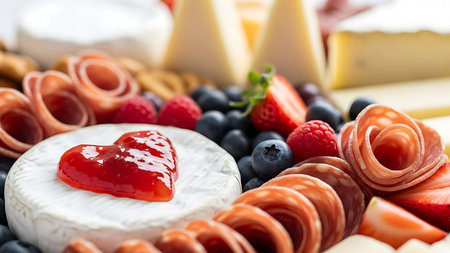 Elegant assortment of gourmet foods including cheese, prosciutto, strawberries, blueberries, and jam on a wooden board for culinary displaysの素材