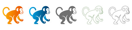 A flat, vector illustration of a monkey icon in various styles, part of a consistent icon set, featuring solid black outlines and vibrant colors on a white background.のイラスト素材