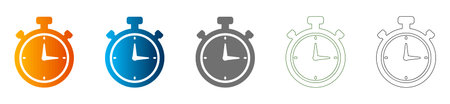 This stopwatch flat icon set features a solid black vector design, isolated on white. Representing...