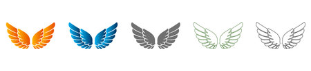 A flat icon set featuring angel wings, presented in a clean, solid black vector graphic, isolated on a white background.のイラスト素材