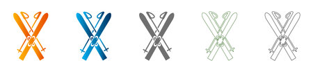 A simple flat icon of a skis pair with poles, rendered in solid black. This vector illustration is isolated, part of a professional icon set.のイラスト素材