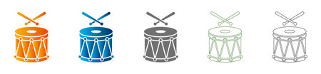 A flat icon set featuring a drum with crossed drumsticks, rendered in solid black vector art, isolated on a white background.のイラスト素材