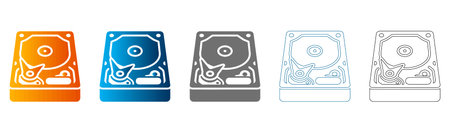 Set of 5 hard drive icons in flat design style, including solid black and gradient versions for data storage and technology concepts.のイラスト素材