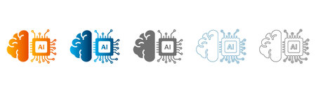 Set of simple flat icons representing AI brain and circuit chip. Solid black and colored options. Isolated vector graphics for technology and data concepts.のイラスト素材