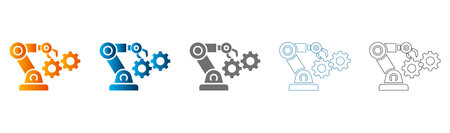 Solid black and colored robotic arm with gears flat icon, vector, isolated on white background.のイラスト素材