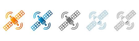 A collection of satellite icons in different colors and styles, presented as a flat icon set, solid...