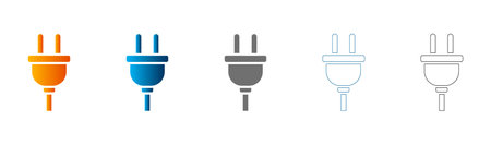 Flat icon set of electric plugs in various colors, solid black outline, vector, isolated on white background.のイラスト素材