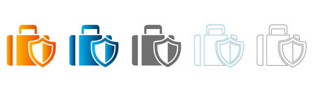 Flat icon set of briefcase and shield symbols in various colors, solid black vector, isolated on...