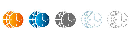 Set of flat clock globe icons in various colors and styles, solid black vector, isolated on white...