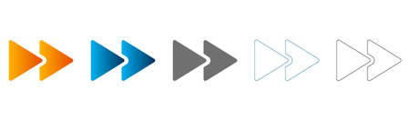 Flat icon set of various colored arrows pointing right, solid black outline, vector, isolated on...